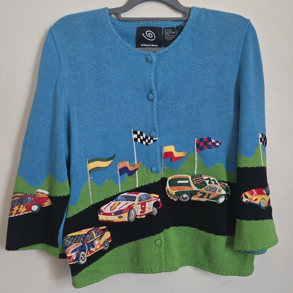 RARE Vintage 2001 Michael Simon Event Racecar Embroidered Cardigan Large Y2K - Picture 1 of 5